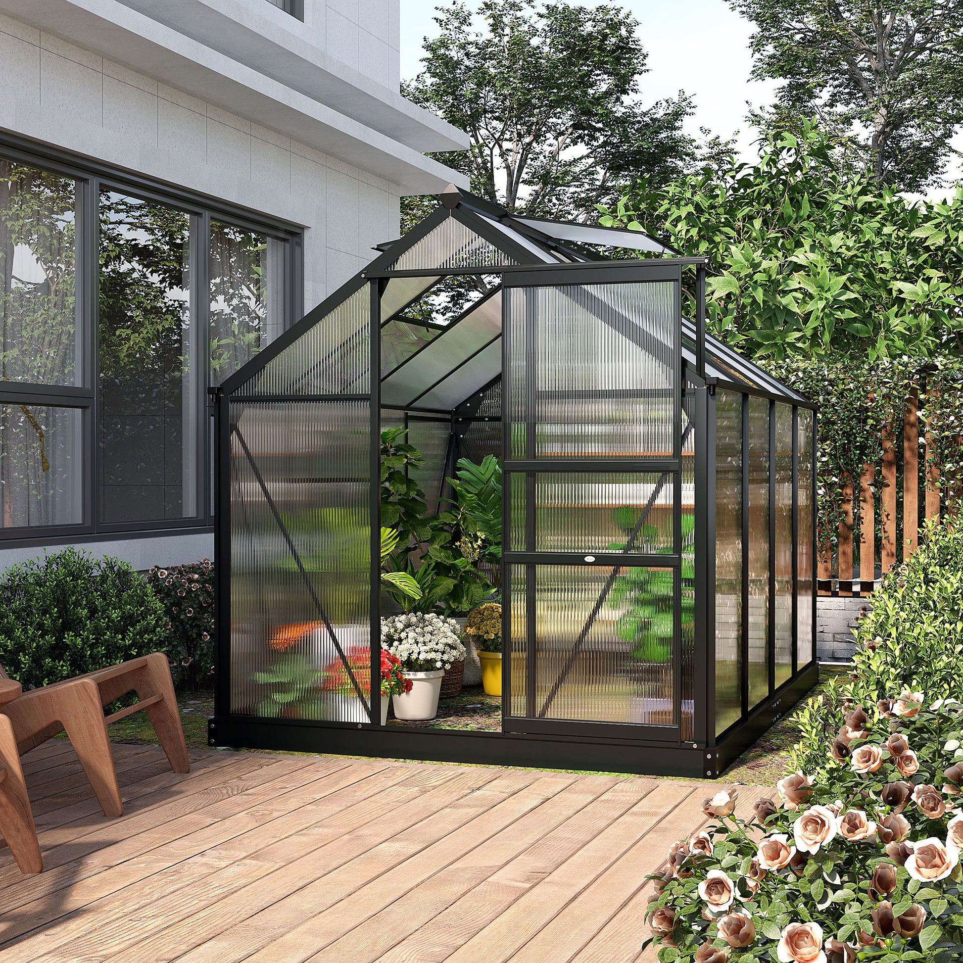 Outsunny Clear Polycarbonate Greenhouse Large Walk-In Green House Garden Plants Grow Galvanized Base Aluminium Frame with Slide Door, 6 x 8ft - OutdoorBox