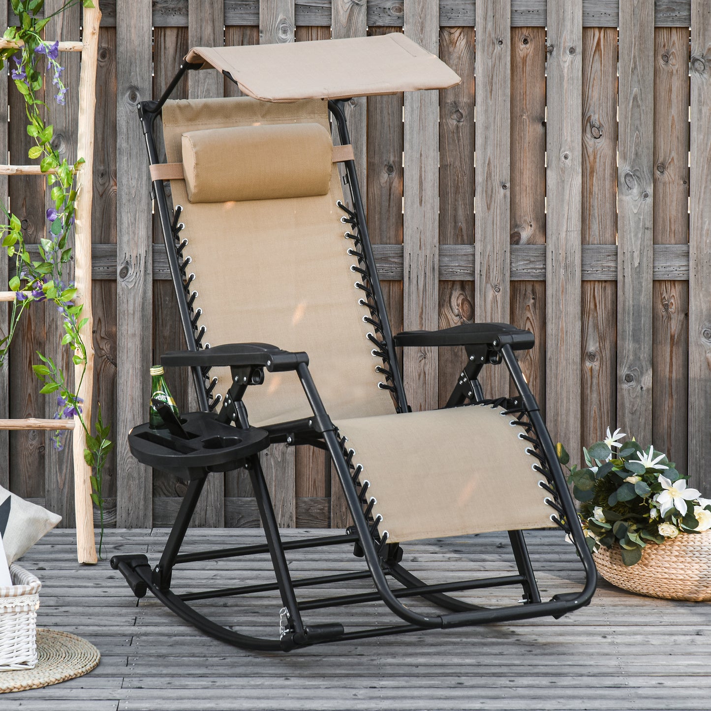 Outsunny Garden Rocking Chair Folding Recliner Outdoor Adjustable Sun Lounger Rocker Zero-Gravity Seat with Headrest Side Holder Patio Deck - Beige