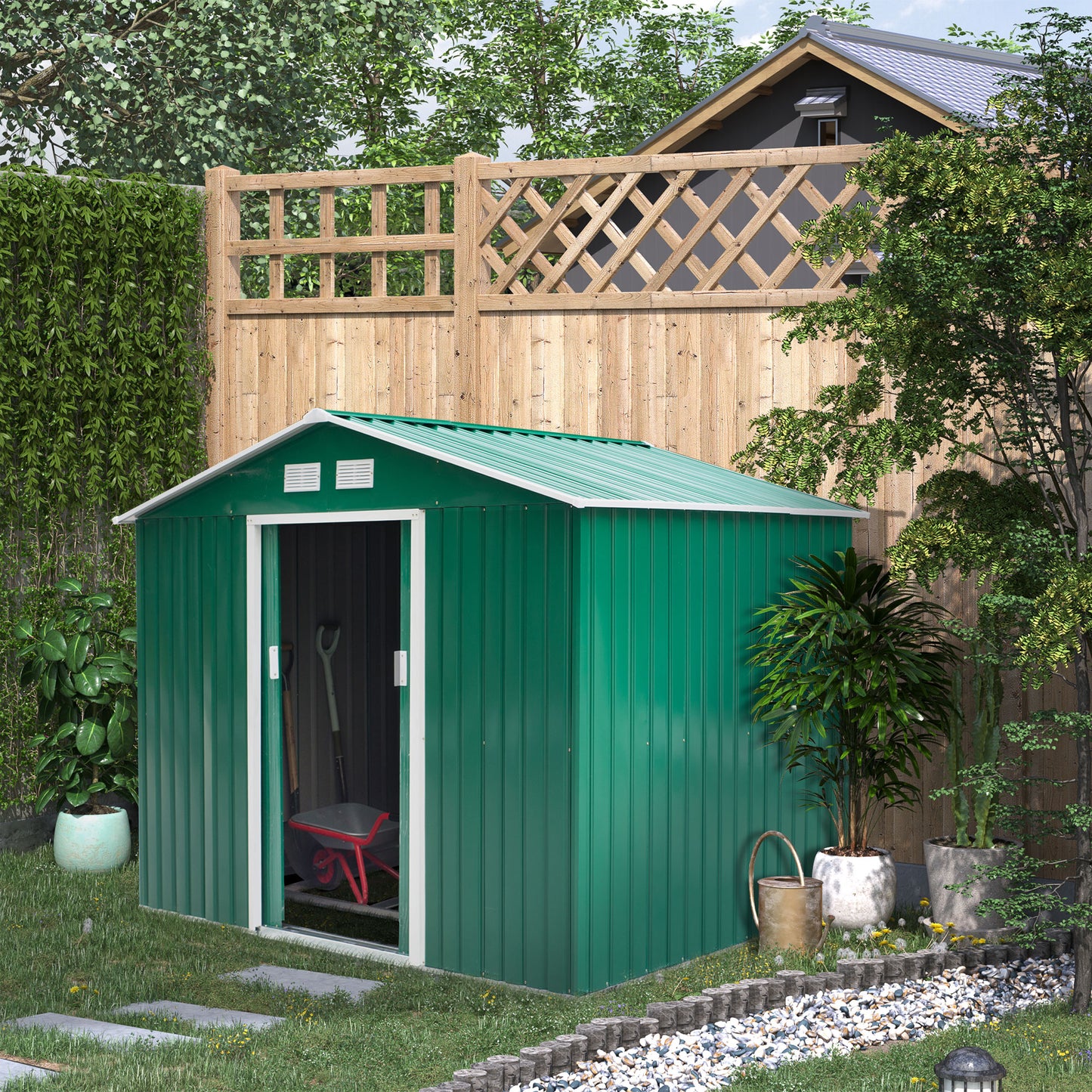 Outsunny Lockable Garden Shed Large Patio Tool Metal Storage Building Foundation Sheds Box Outdoor Furniture (9 x 6 FT, Green) - OutdoorBox