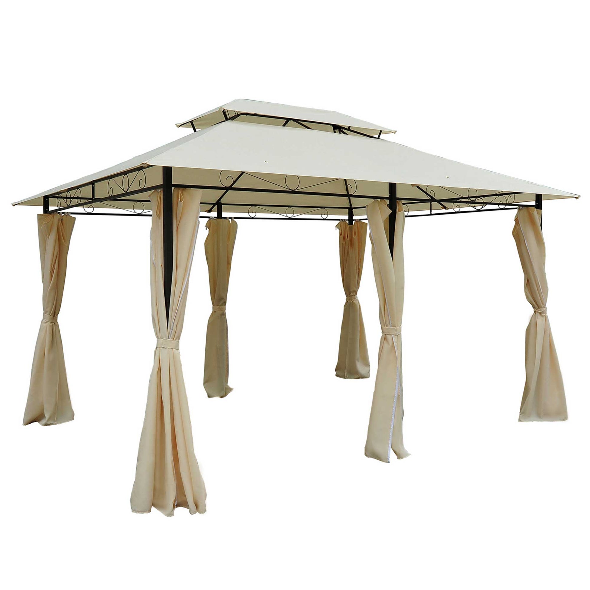 Outsunny 4m x 3(m) Metal Gazebo Canopy Party Tent Garden Pavillion Patio Shelter Pavilion with Curtains Sidewalls Beige - OutdoorBox