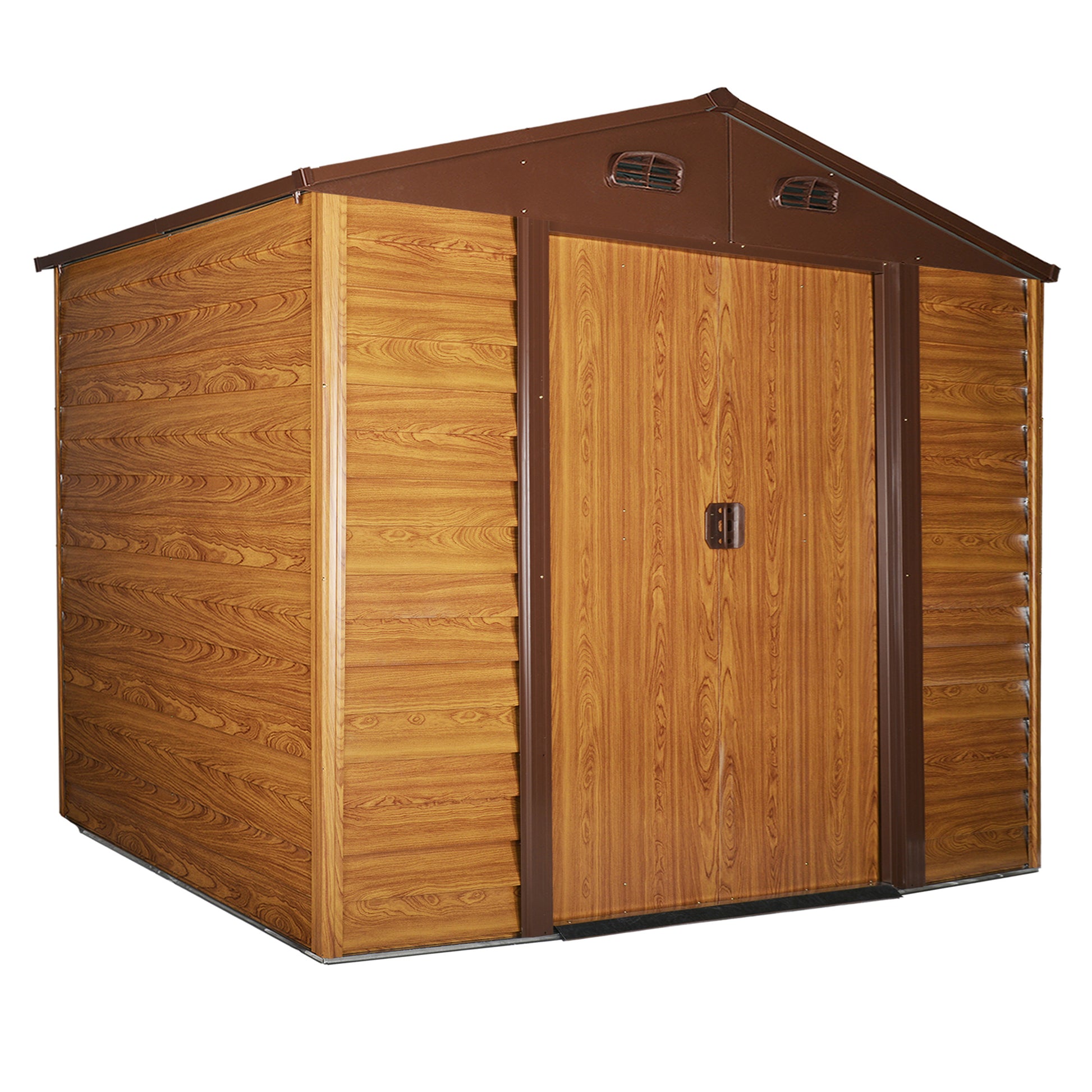 Outsunny 9 x 6.5 ft Metal Garden Storage Shed Apex Store for Gardening Tool with Foundation and Ventilation, Brown with Wood Grain - OutdoorBox