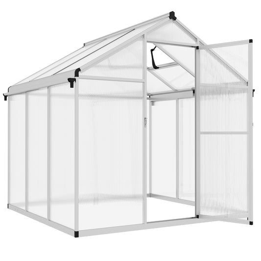 Outsunny 6 x 6ft Polycarbonate Greenhouse with Rain Gutters, Large Walk-In Green House with Door and Window, Garden Plants Grow House with Aluminium Frame and Foundation - OutdoorBox