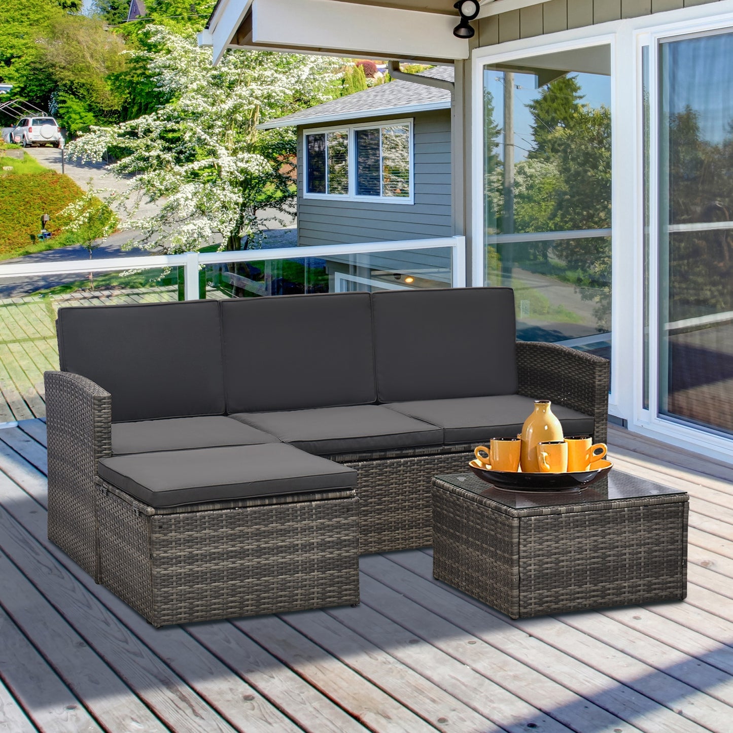 Outsunny 4-Seater Outdoor Garden Rattan Furniture Set w/ Table Grey