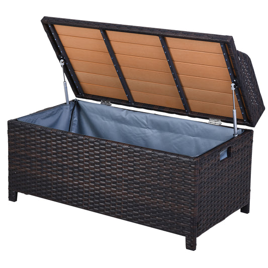 Outsunny Patio PE Rattan Wicker Storage Basket Box Bench Seat Furniture w/ Cushion Brown - OutdoorBox