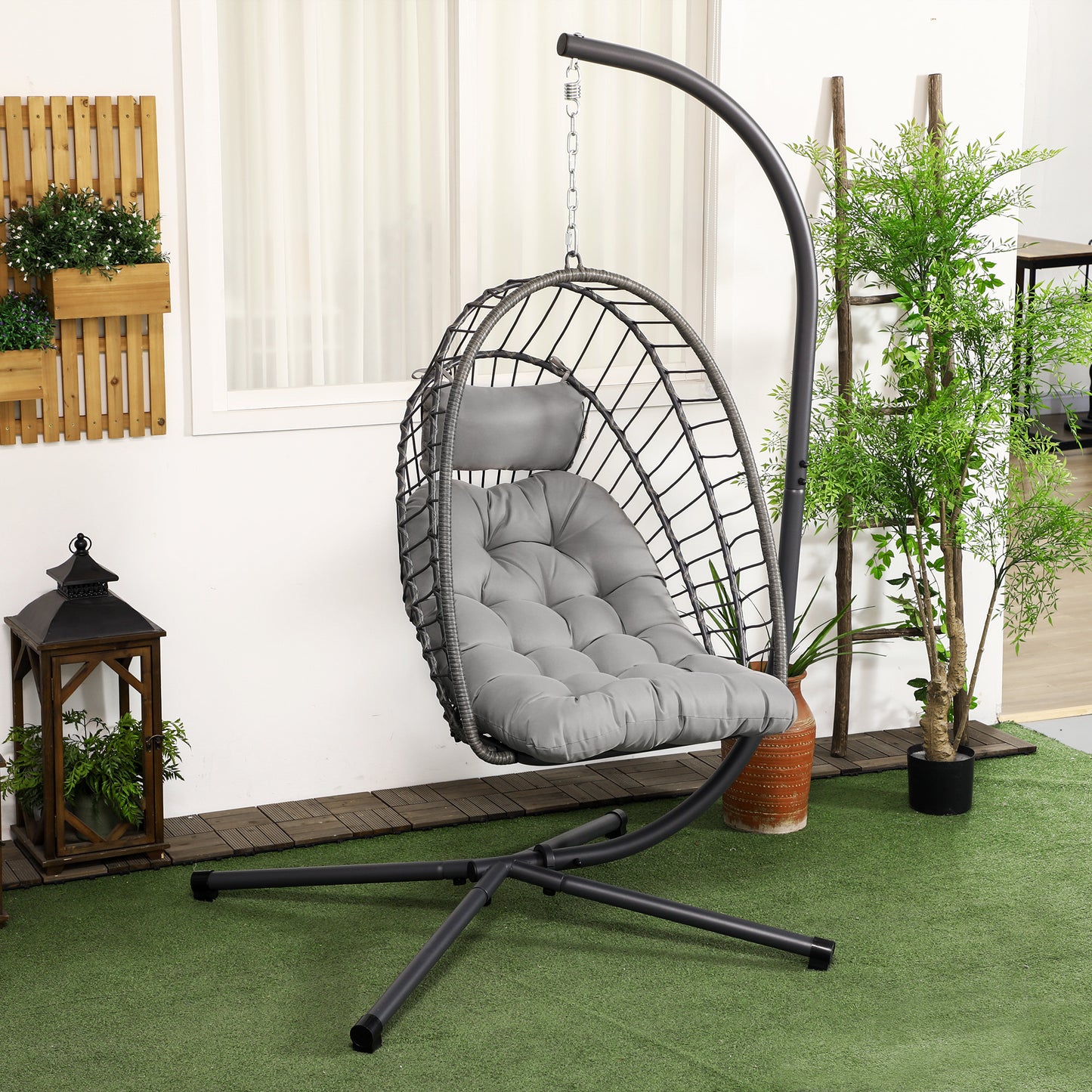 Outsunny Outdoor PE Rattan Swing Chair with Thick Padded Cushion, Foldable Basket Patio Hanging Chair with Metal Stand, Headrest, for Indoor and Outdoor, Light Grey