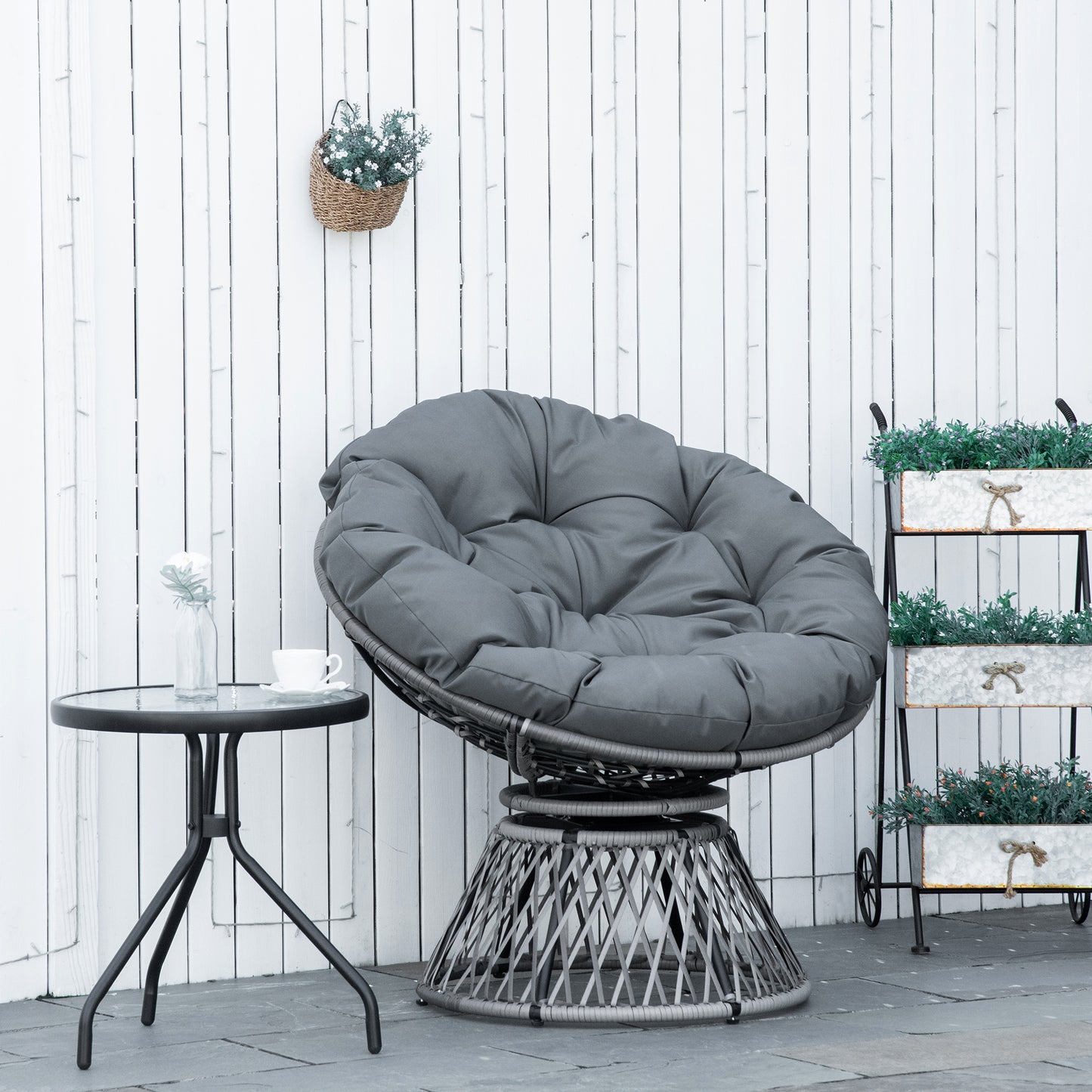 Outsunny 360� Swivel Rattan Papasan Moon Bowl Chair Round Lounge Garden Wicker Basket Seat with Padded Cushion Oversized for Outdoor Indoor, Grey