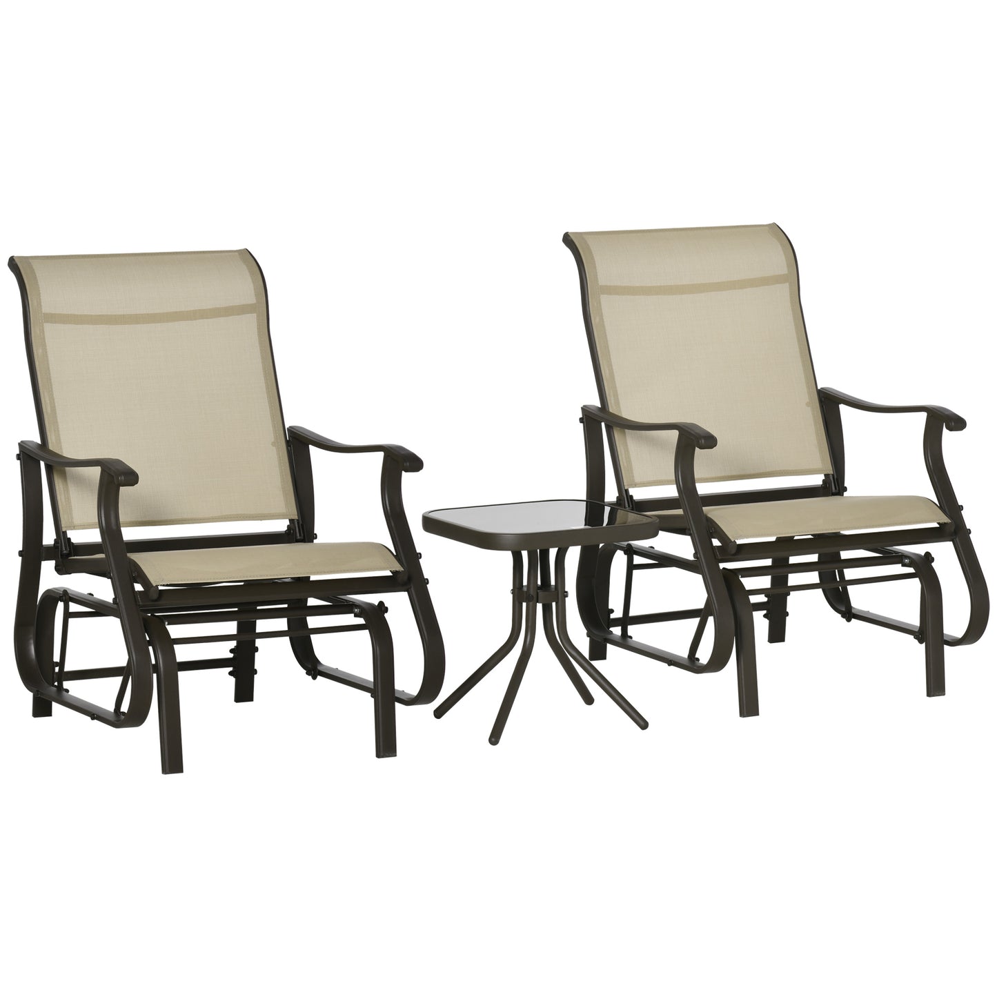 Outsunny Set of 3 Gliding Chair & Tea Table Set, Outdoor Rocker Set with 2 Armchairs, Tempered Glass Tabletop, Khaki