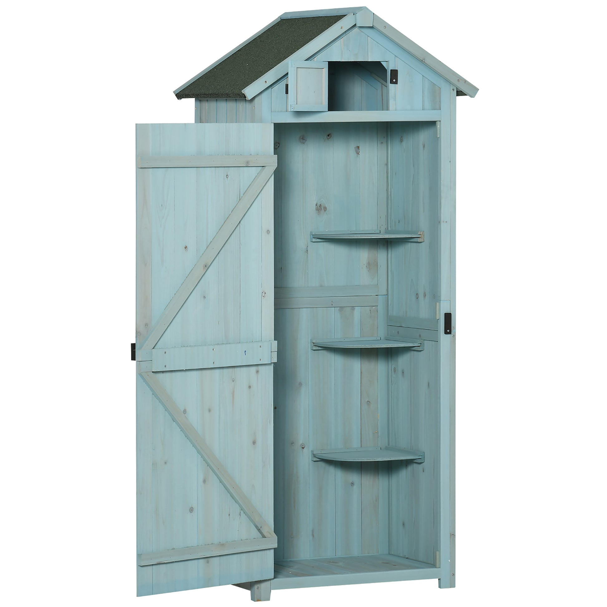 Outsunny Garden Shed Vertical Utility 3 Shelves Shed Wood Outdoor Garden Tool Storage Unit Storage Cabinet, 77 x 54.2 x 179cm - Blue - OutdoorBox