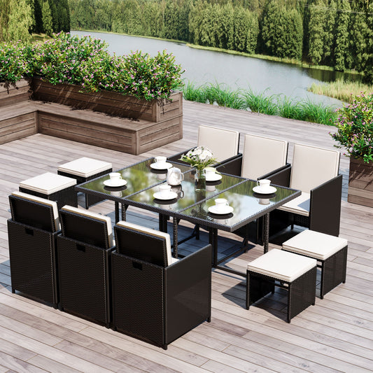 Outsunny 11PC Rattan Garden Furniture Outdoor Patio Dining Table Set Weave Wicker 10 Seater Stool Black - OutdoorBox