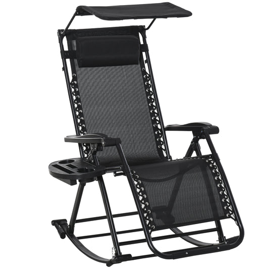 Outsunny Garden Rocking Chair Folding Recliner Outdoor Adjustable Sun Lounger Rocker Zero-Gravity Seat with Headrest Side Holder Patio Deck - Black