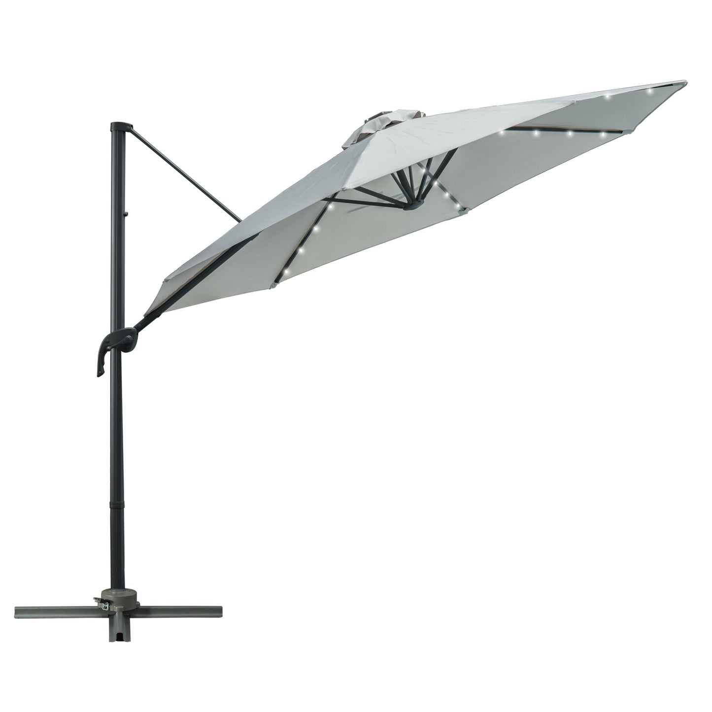 Outsunny 3(m) Cantilever Roma Parasol Patio Sun Umbrella with LED Solar Light Cross Base 360� Rotating Outdoor, Grey