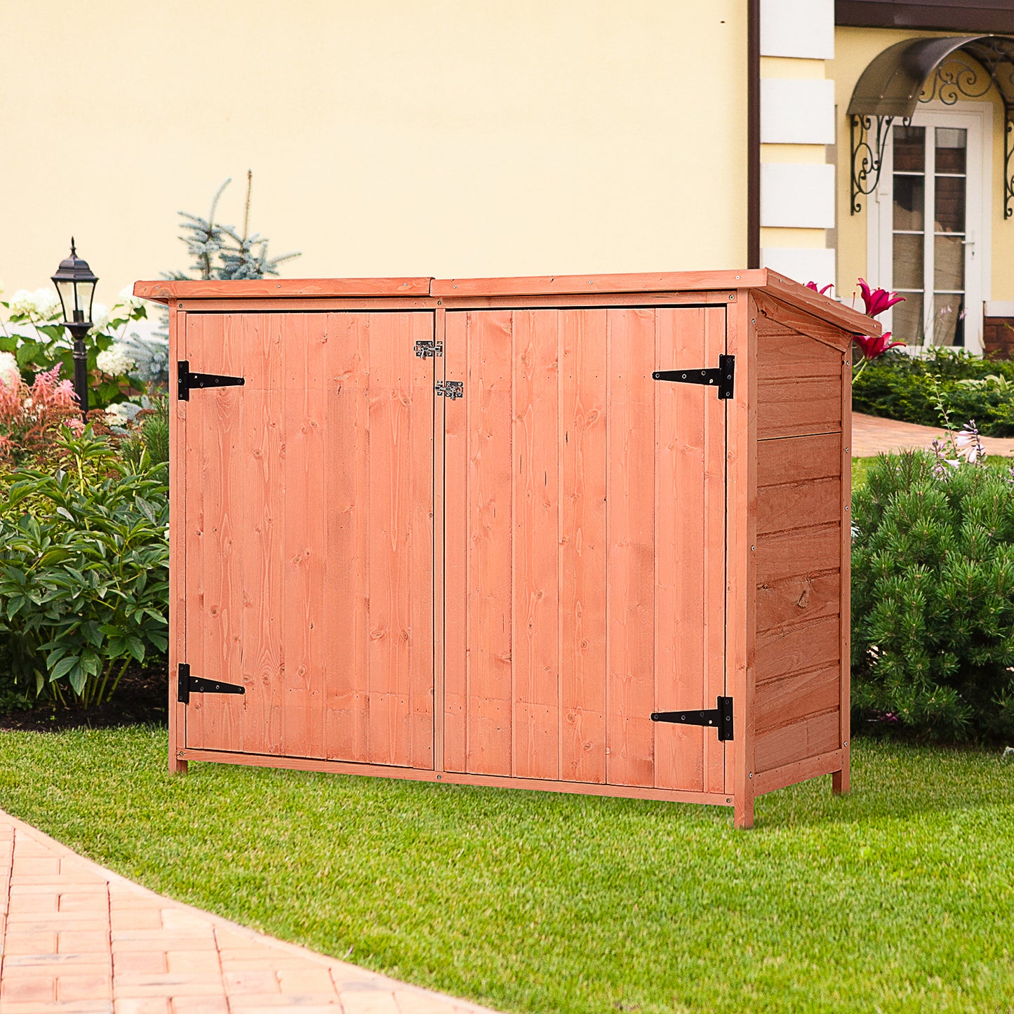 Outsunny Wooden Garden Storage Shed Tool Cabinet Organiser with Shelves Double Door 128L x 50W x 90Hcm - OutdoorBox