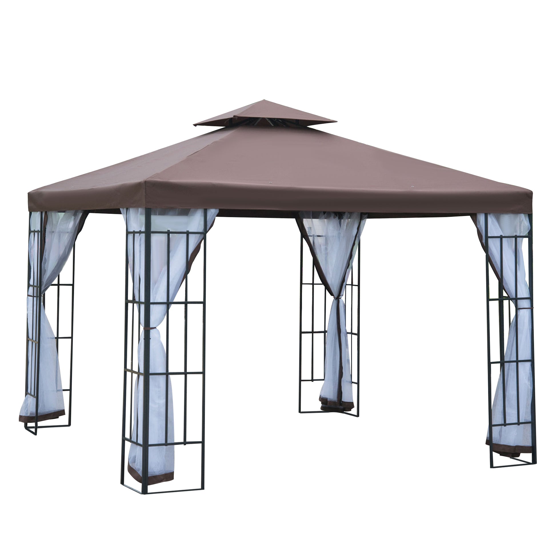 Outsunny 3 x 3(m) Patio Gazebo Canopy Garden Pavilion Tent Shelter with 2 Tier Roof and Mosquito Netting, Steel Frame, Coffee - OutdoorBox