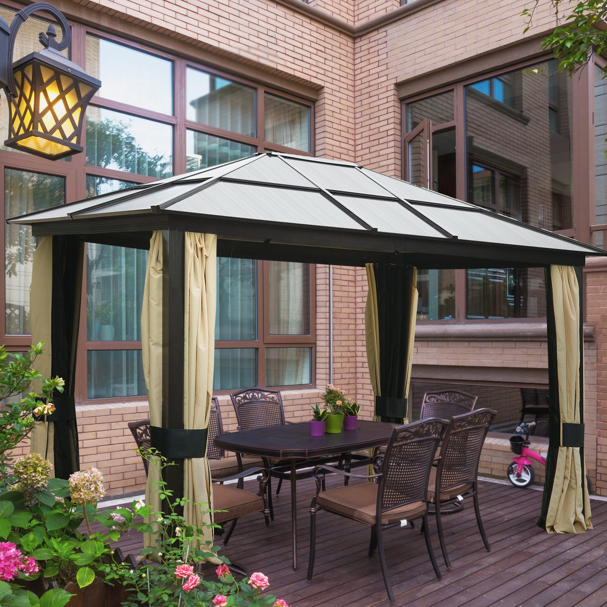 Outsunny 3.6 x 3(m) Hardtop Gazebo Canopy with Polycarbonate Roof and Aluminium Frame, Garden Pavilion with Mosquito Netting and Curtains, Brown - OutdoorBox
