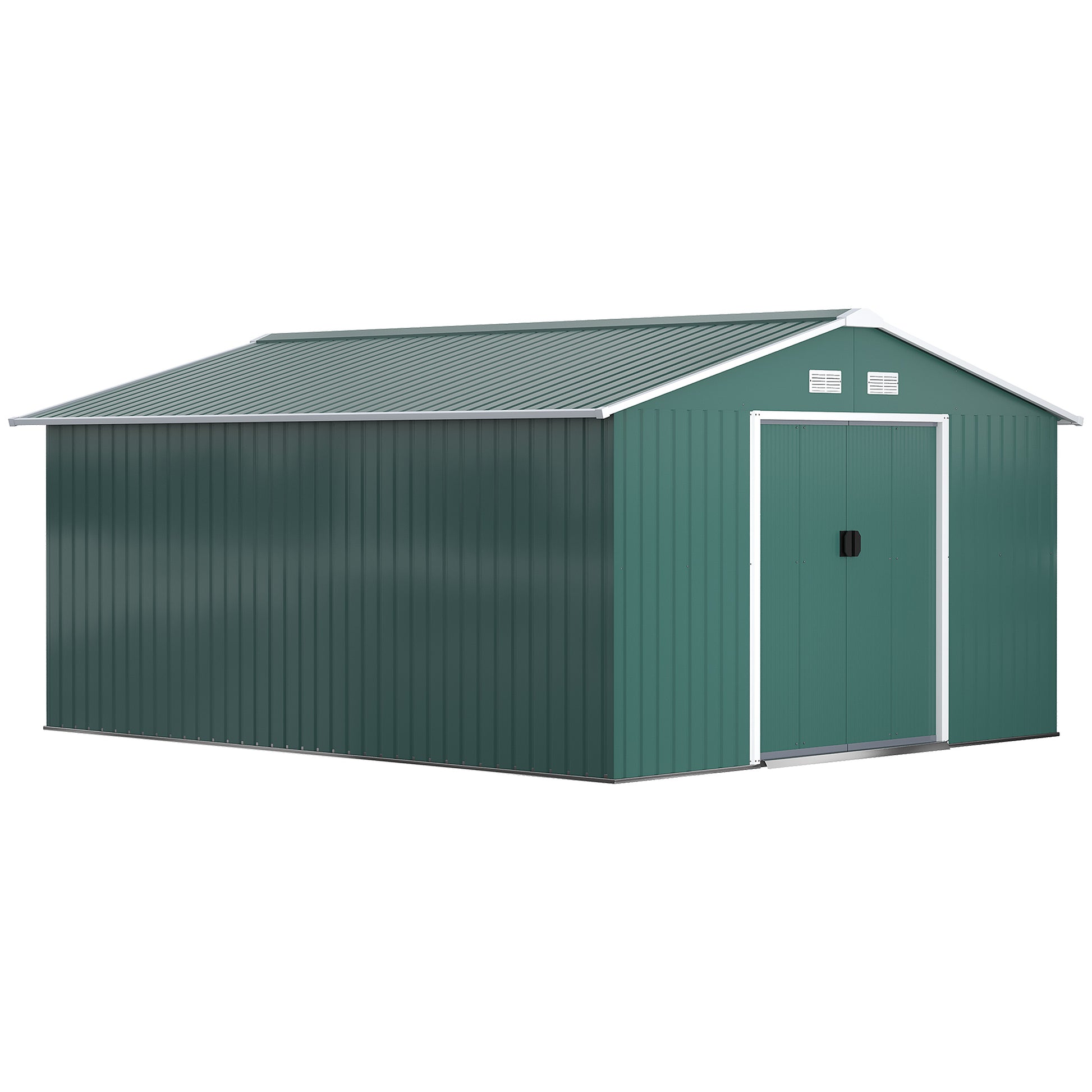 Outsunny 13 x 11 ft Metal Garden Shed Large Patio Roofed Tool Storage Box with Ventilation and Sliding Door, Deep Green - OutdoorBox