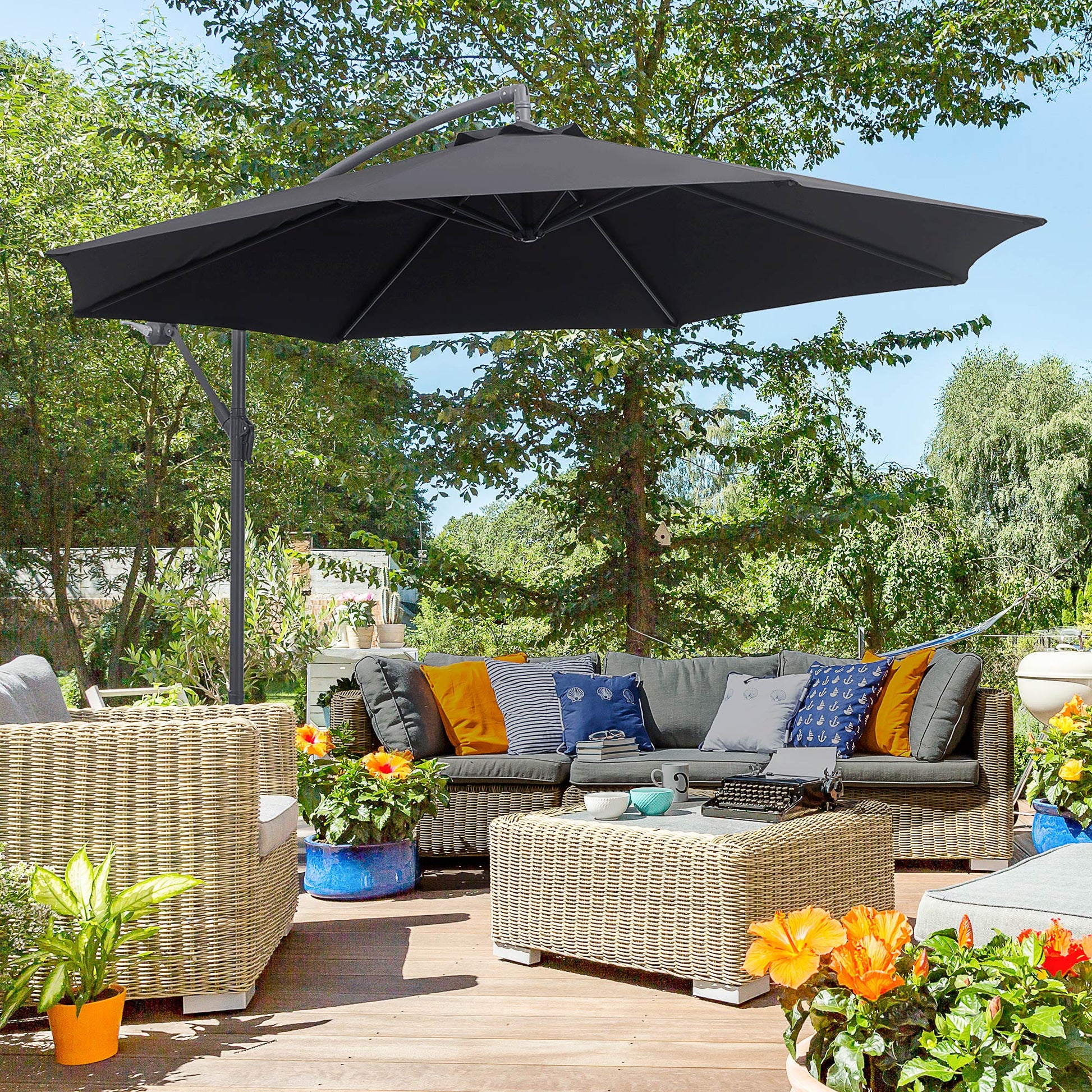 Outsunny 3(m) Garden Cantilever Parasol Patio Banana Hanging Umbrella Sun Shade with Crank & Tilt, 8 Ribs and Cross Base, Black - OutdoorBox