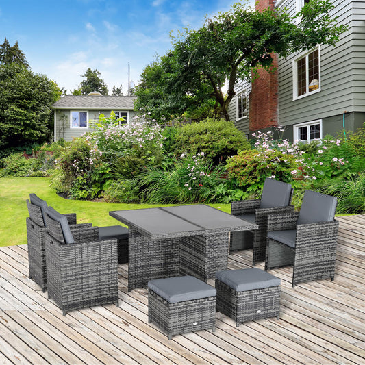 Outsunny 9PC Rattan Dining Set Garden Furniture 8-seater Wicker Outdoor Dining Set Chairs + Footrest + Table Thick Cushion - Grey - OutdoorBox