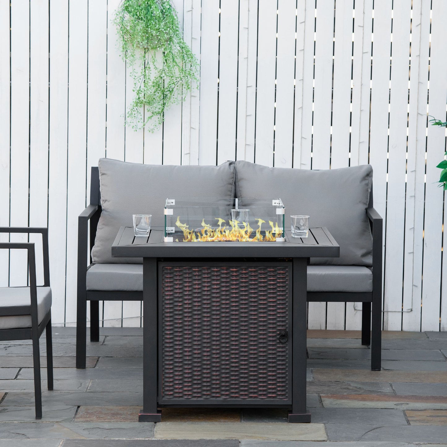 Outsunny Square Propane Gas Fire Pit Table, 50000 BTU Rattan Smokeless Firepit Patio Heater w/ Glass Screen, Beads and Lid, 82cm x 82cm x 66cm, Black - OutdoorBox