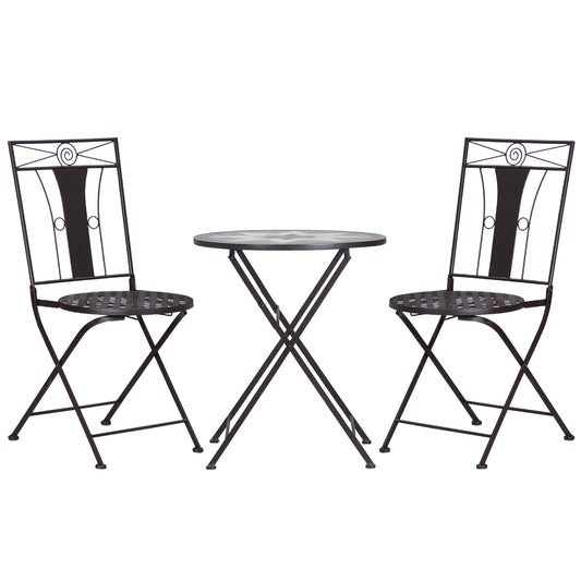 Outsunny 3-Piece Patio Bistro Set, Mosaic Table and 2 Armless Chairs with Foldable Design, Metal Frame for Garden, Poolside, Coffee