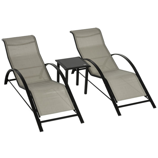 Outsunny 3 Pieces Lounge Chair Set Garden Outdoor Recliner Sunbathing Chair with Table, Grey