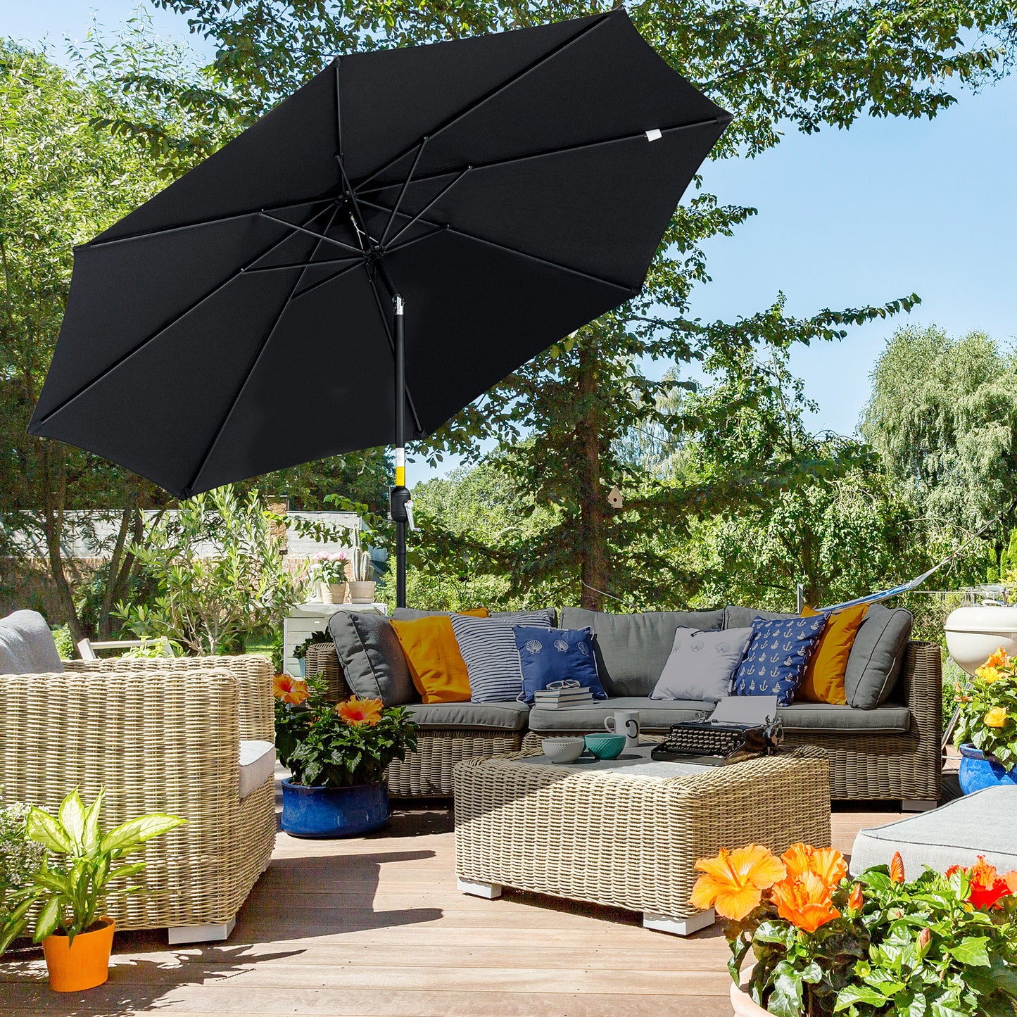 Outsunny 3(m) Tilting Parasol Garden Umbrellas, Outdoor Sun Shade with 8 Ribs, Tilt and Crank Handle for Balcony, Bench, Garden, Black - OutdoorBox