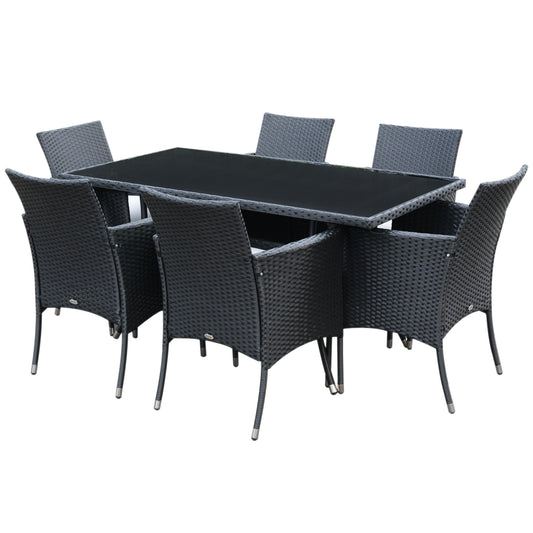 Outsunny 6-Seater Rattan Dining Set Garden Furniture Patio Rectangular Table Cube Chairs Outdoor Fire Retardant Sponge Black - OutdoorBox