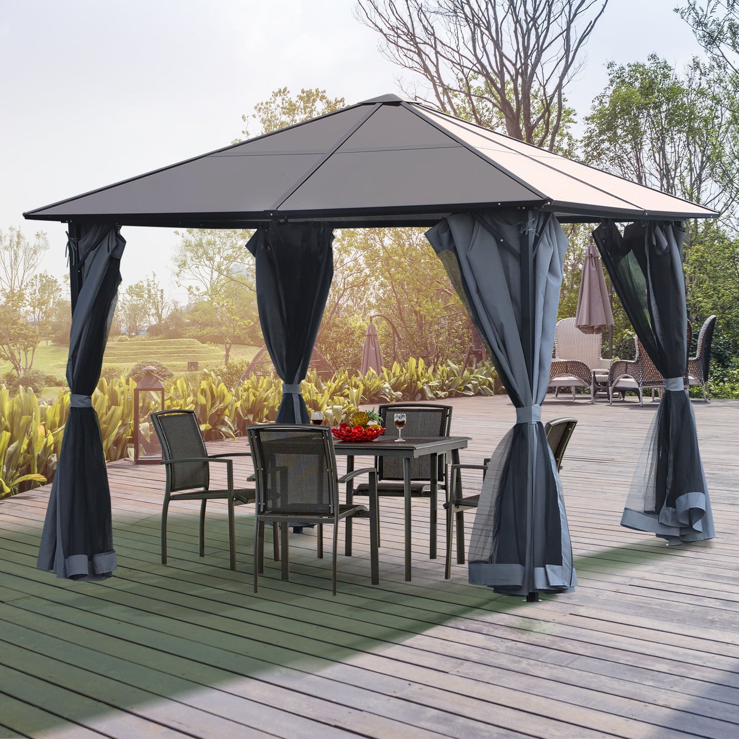 Outsunny 4 x 3(m) Garden Aluminium Gazebo Hardtop Roof Canopy Marquee Party Tent Patio Outdoor Shelter with Mesh Curtains & Side Walls - Grey