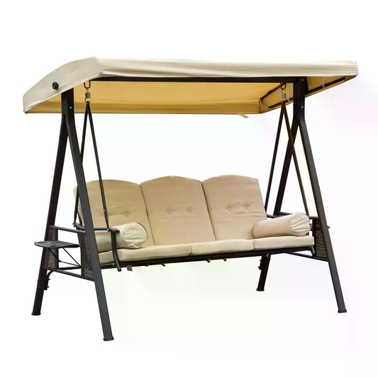 Outsunny Steel Swing Chair Hammock Garden 3 Seater Canopy Cushion Shelter Outdoor Bench Beige