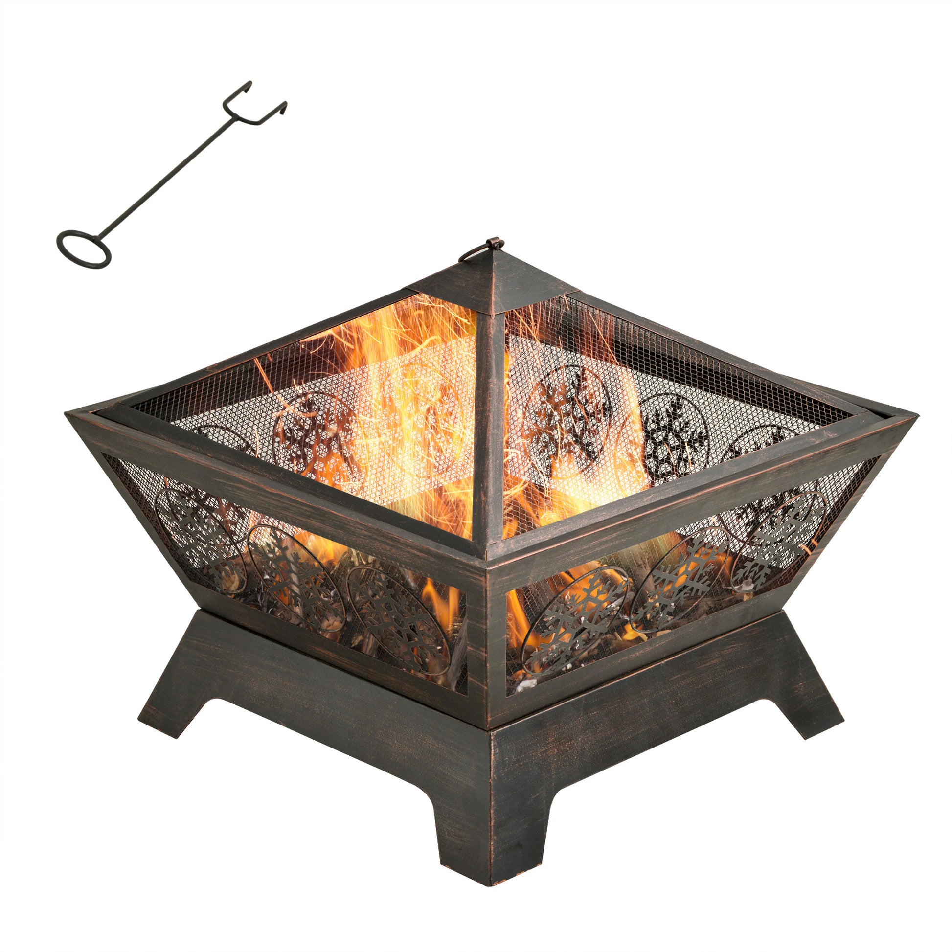 Outsunny Outdoor Fire Pit, Metal Square Firepit Bowl with Spark Screen, Poker for Patio, BBQ, Camping, 61 x 61 x 52cm, Black - OutdoorBox