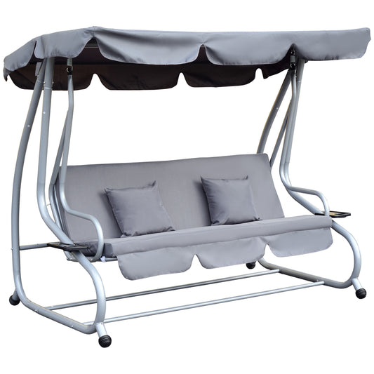 Outsunny 2-in-1 Garden Swing Seat Bed 3 Seater Swing Chair Hammock Bench Bed with Tilting Canopy and 2 Cushions, Grey