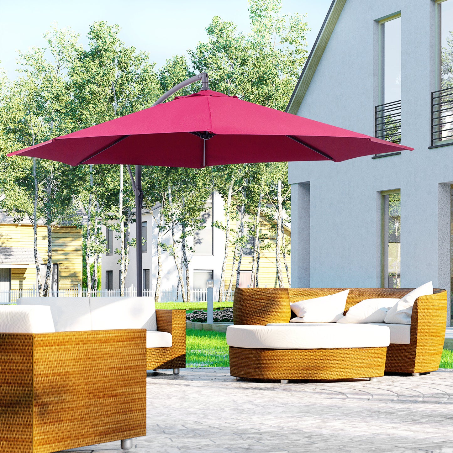 Outsunny 3(m) Garden Banana Parasol Hanging Cantilever Umbrella with Crank Handle and Cross Base for Outdoor, Sun Shade, Wine Red - OutdoorBox