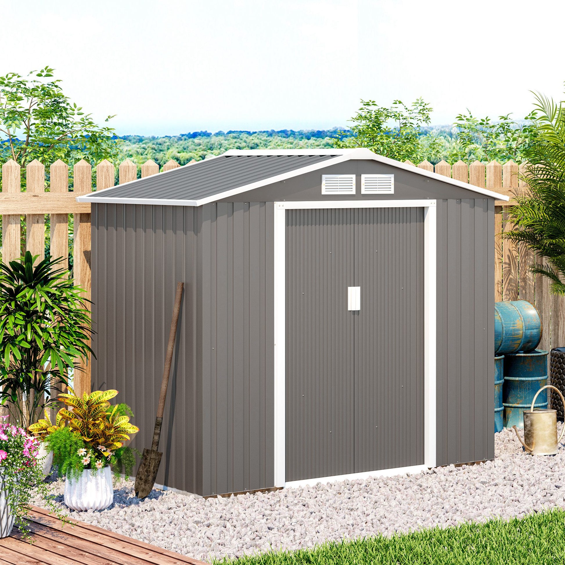 Outsunny 7ft x 4ft Lockable Garden Metal Storage Shed Storage Roofed Tool Metal Shed w/ Air Vents Steel Grey - OutdoorBox