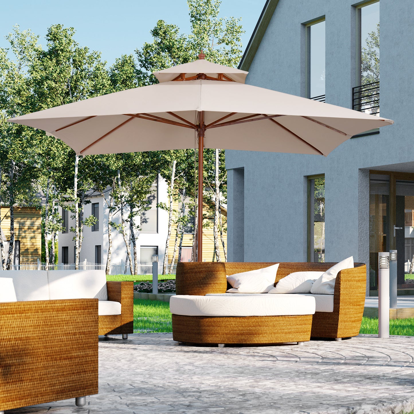 Outsunny Beige Parasol Patio 3x3M Double Tier Garden Sun Umbrella Sunshade Outdoor Wood Wooden Canopy Tier - OutdoorBox