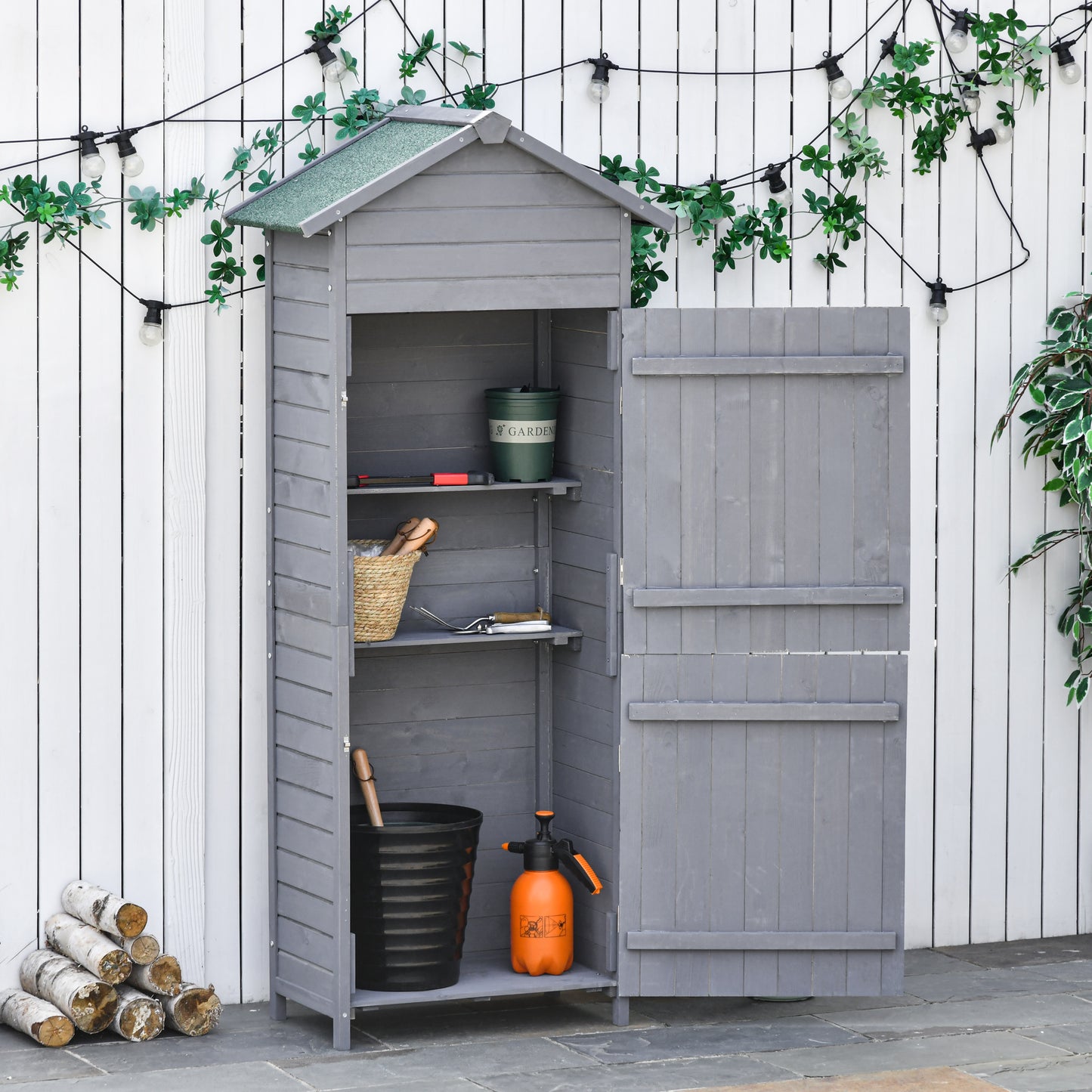 Outsunny Wooden Garden Storage Shed Timber Tool Cabinet Organiser w/ Tilted-felt Roof, Shelves, Lockable Doors, 189 x 82 x 49 cm, Grey