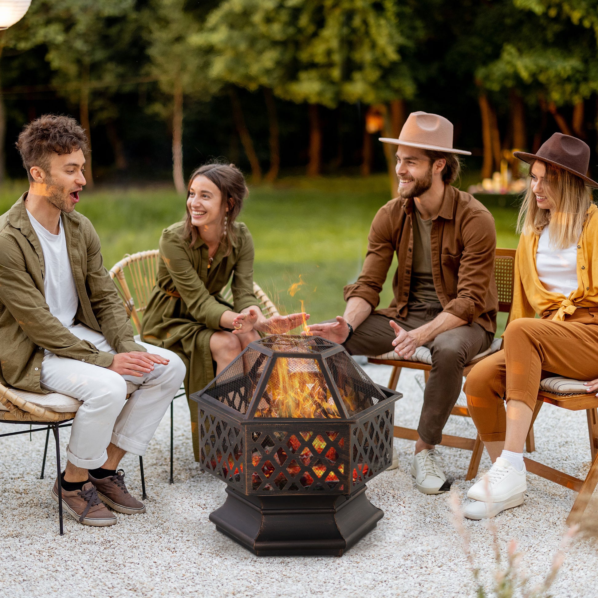 Outsunny Outdoor Fire Pit with Screen Cover, Portable Wood Burning Firebowl with Poker for Patio, Backyard, Bronze - OutdoorBox