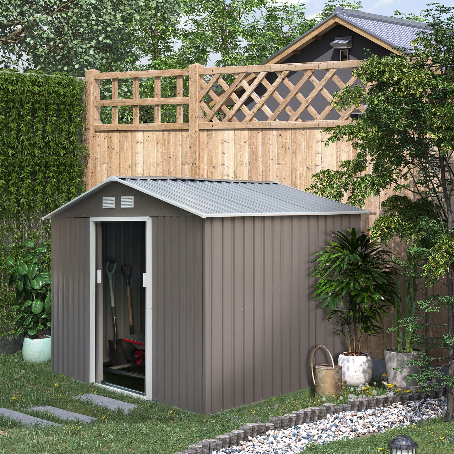 Outsunny 9 x 6 ft Metal Garden Storage Shed Sloped Roof Tool House with Foundation Ventilation & Double Door, Grey - OutdoorBox