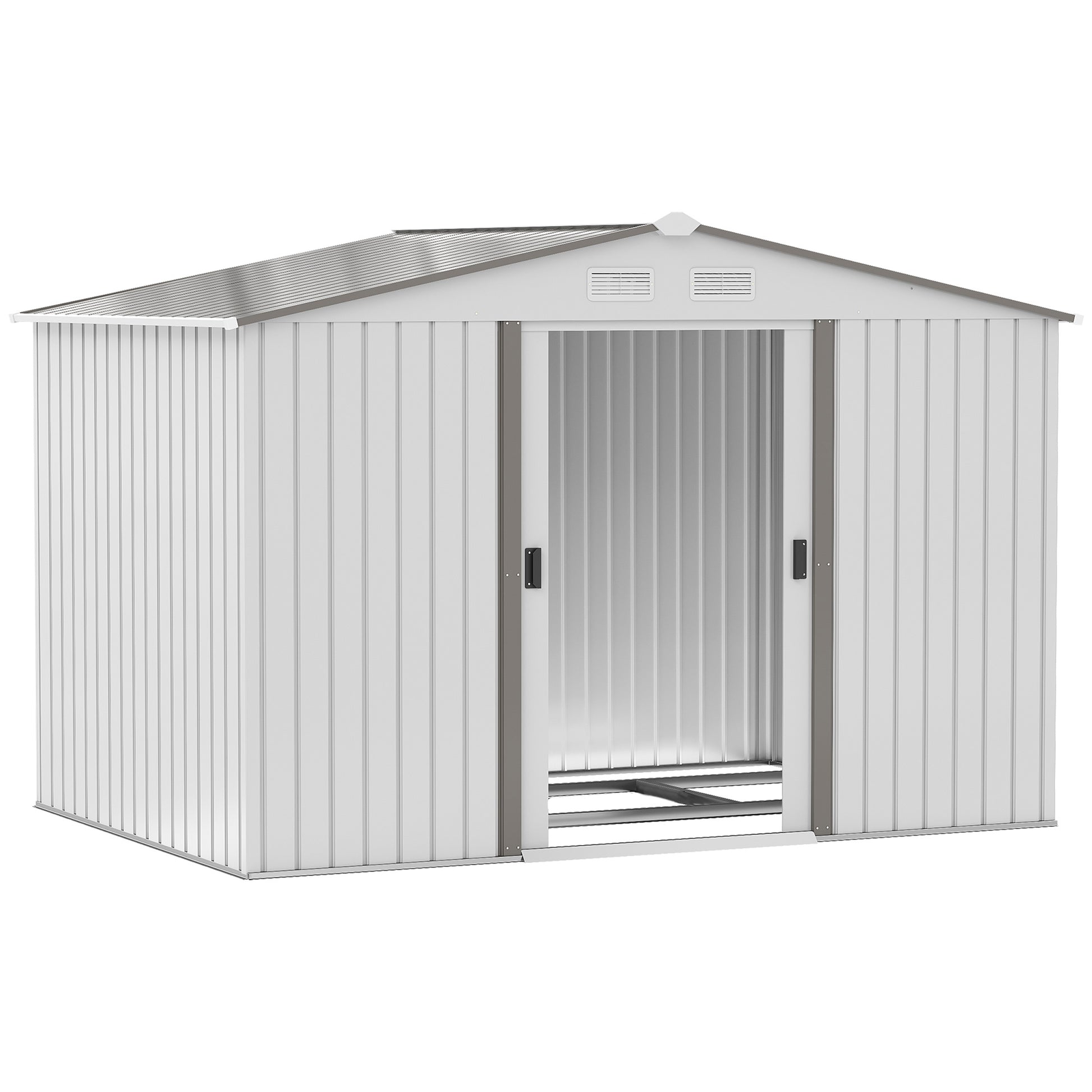 Outsunny 9 x 6FT Garden Storage Shed, Metal Outdoor Storage Shed House with Floor Foundation, Ventilation & Doors, Grey - OutdoorBox