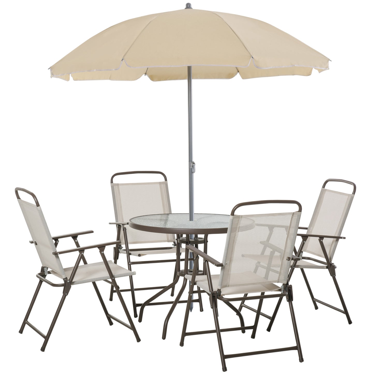 Outsunny Garden Patio Texteline Folding Chairs Plus Table and Parasol Furniture Bistro Set - Beige (6-Piece) - OutdoorBox