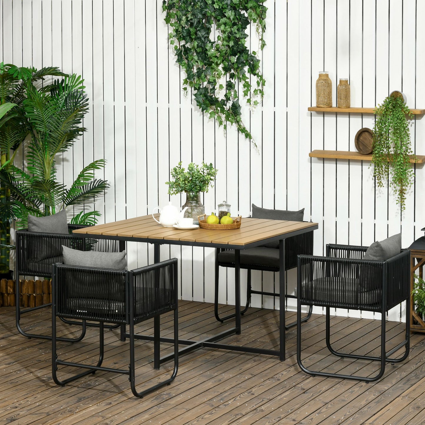 Outsunny Patio 5 PCs PE Rattan Dining Set, Garden Round Wicker 4-seater Rattan Cube Dining Sets, w/ Wood Grain Plastic Top, Space-saving Design Black