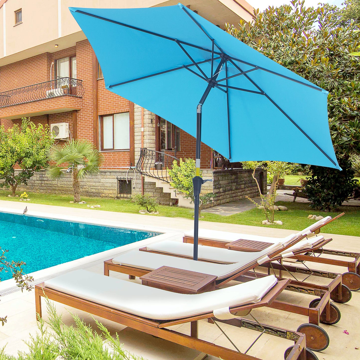 Outsunny 2.7M Patio Tilt Umbrella Sun Parasol Outdoor Garden Sun Shade Aluminium Frame with Crank(Blue)