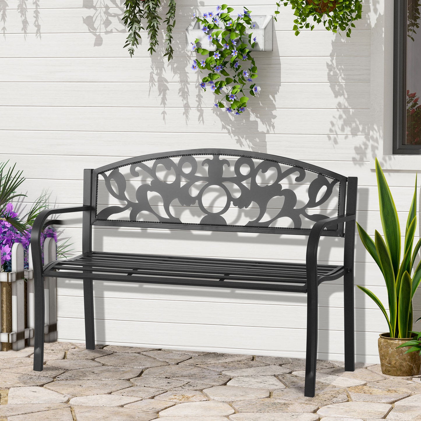 Outsunny 2 Seater Outdoor Patio Garden Metal Bench Park Yard Furniture Porch Chair Seat Black 128L x 91H x 50W cm