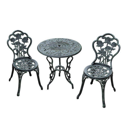 Outsunny Cast Aluminium Outdoor Patio Garden Bistro Elegant Design Table Chair Set - Green (3-Piece) - OutdoorBox