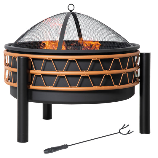 Outsunny Outdoor Fire Pit, Metal Round Firepit Bowl, Charcoal Log Wood Burner with Screen Cover, Poker for Patio, BBQ, Camping, 64 x 64 x 58cm, Black - OutdoorBox