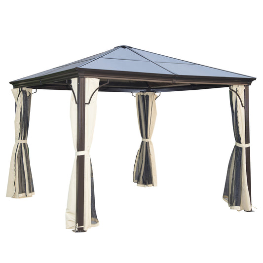 Outsunny 3 x 3(m) Hardtop Gazebo Canopy with Polycarbonate Roof and Aluminium Frame, Garden Pavilion with Mosquito Netting and Curtains, Brown - OutdoorBox