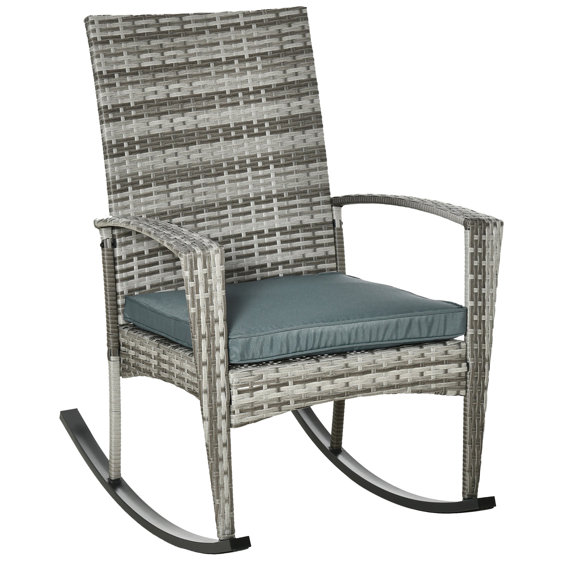 Outsunny Rattan Rocking Chair Rocker Garden Furniture Seater Patio Bistro Relaxer Outdoor Wicker Weave with Cushion - Light Grey - OutdoorBox