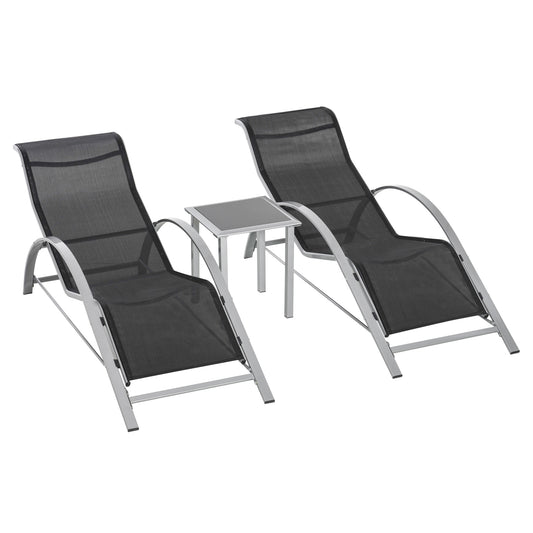 Outsunny 3 Pieces Lounge Chair Set Garden Outdoor Recliner Sunbathing Chair with Table, Black