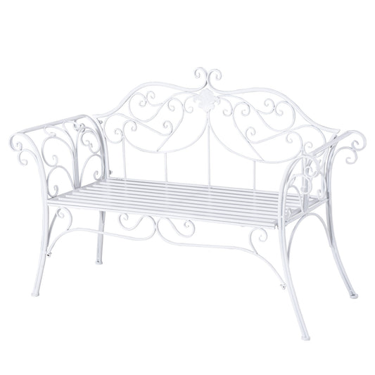 Outsunny Bench Garden Chair Outdoor Indoor Patio 2 Seater Loveseat Metal Furniture White - OutdoorBox