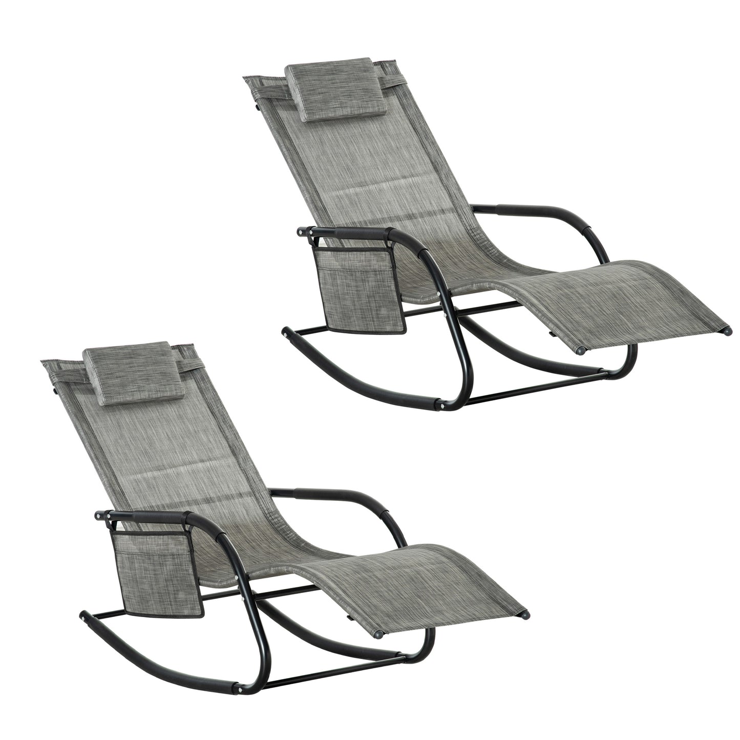 Outsunny 2Pcs Garden Rocking Chair, Patio Sun Lounger Rocker Chair w/ Breathable Mesh Fabric, Removable Headrest Pillow, Side Storage Bag, Dark Grey