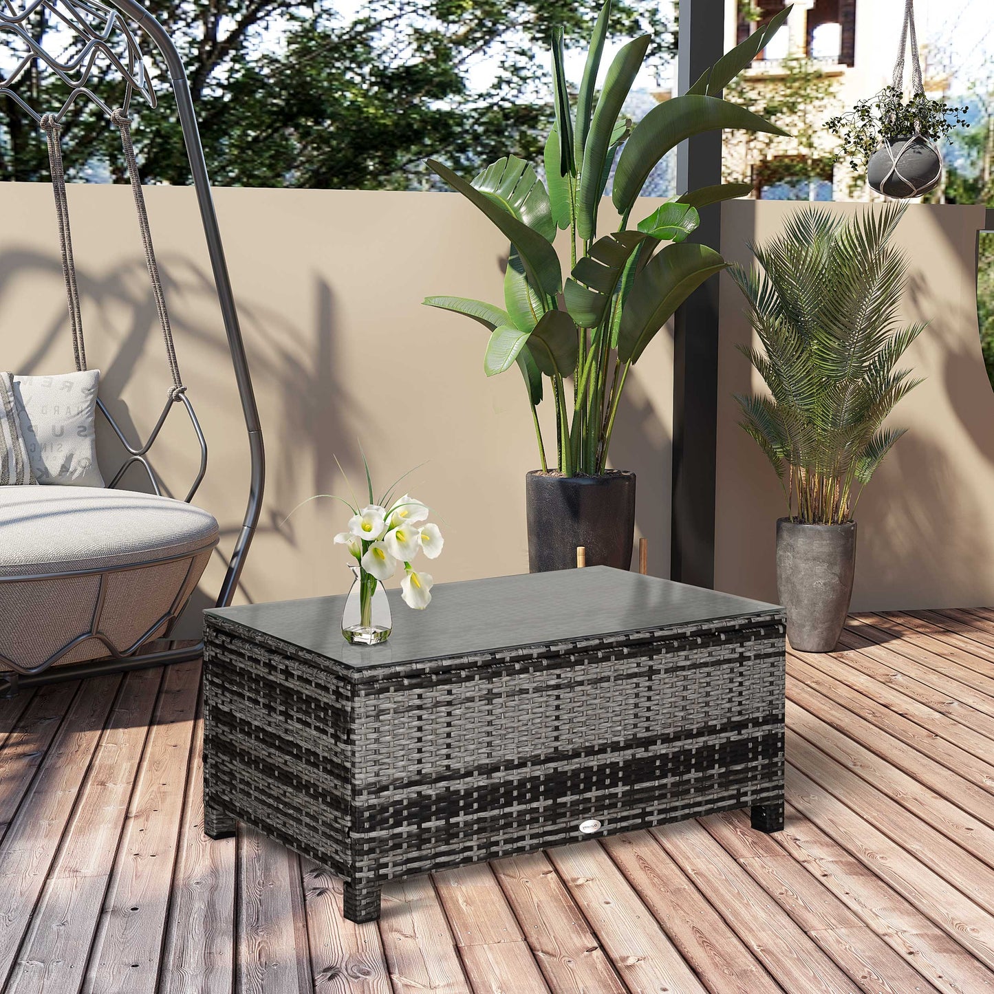 Outsunny Rattan Coffee Table Garden Furniture Patio Wicker Side Table with Tempered Glass Table Top, Mixed Grey