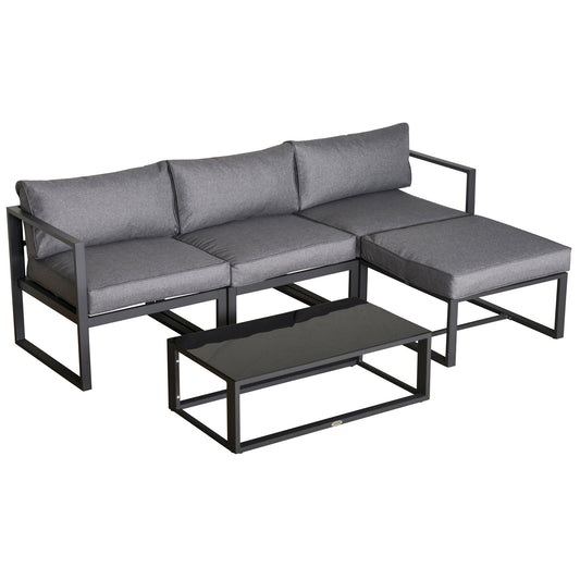 Outsunny 5 Pieces Outdoor Patio Furniture Set, Sofa Couch with Glass Coffee Table, Cushioned Chairs and Metal Frame, for Balcony Garden Backyard, Grey